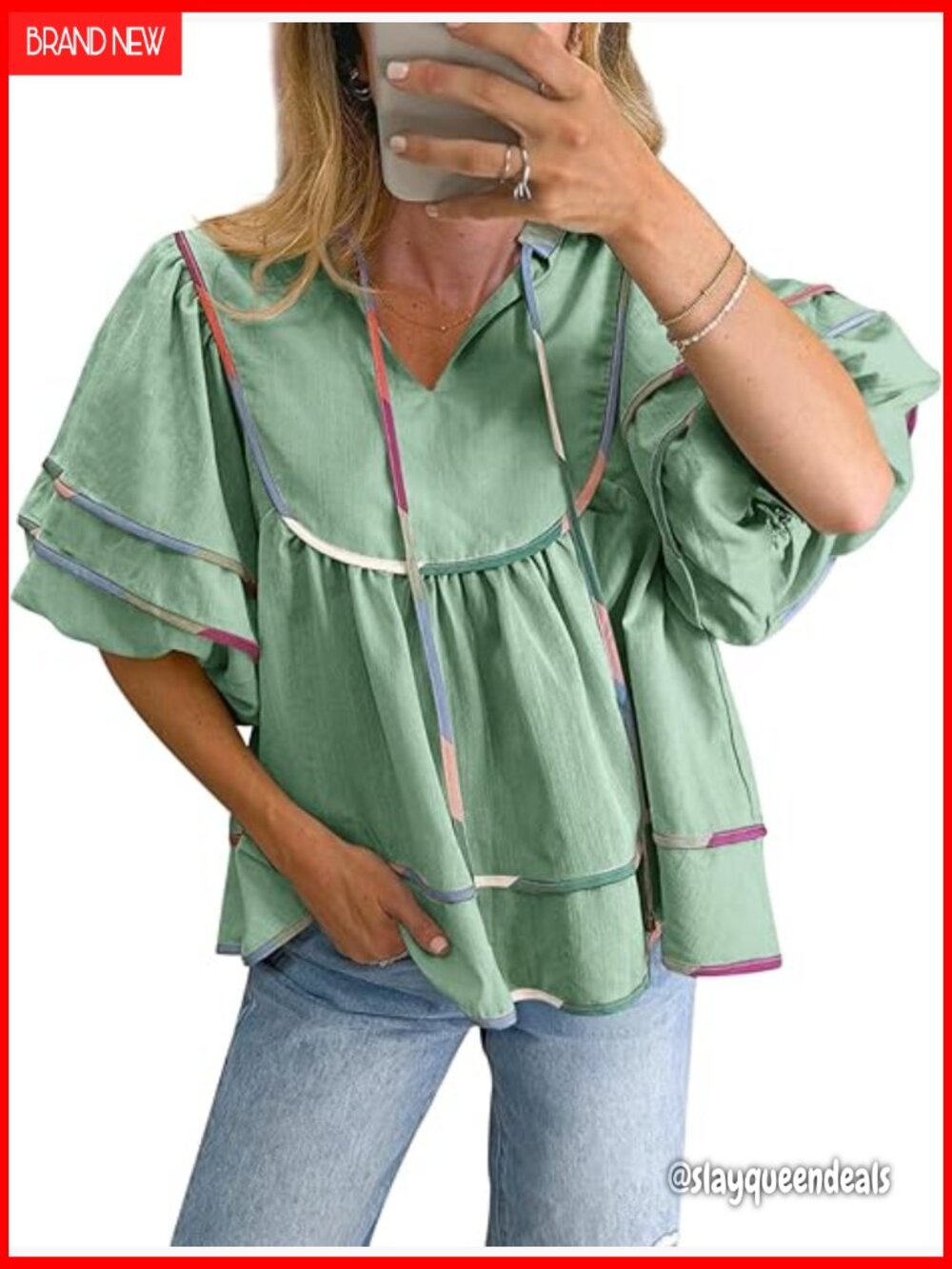 V-Neck Babydoll Top Lantern Sleeve Loose Fit Flowy Blouse